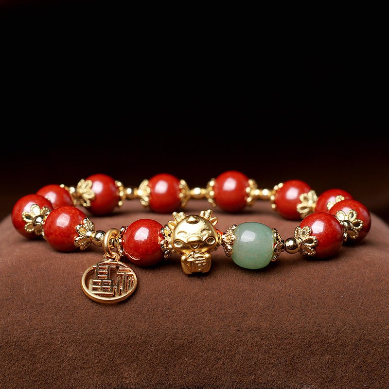 Wear FengShui Year of the Dragon Natural Cinnabar Fu Character Charm Blessing Bracelet