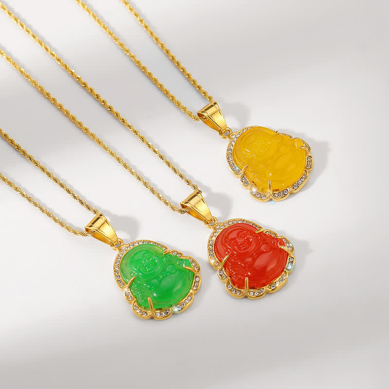 Wear FengShui 18K Gold Filled Laughing Buddha Jade Luck Necklace Chain Pendant