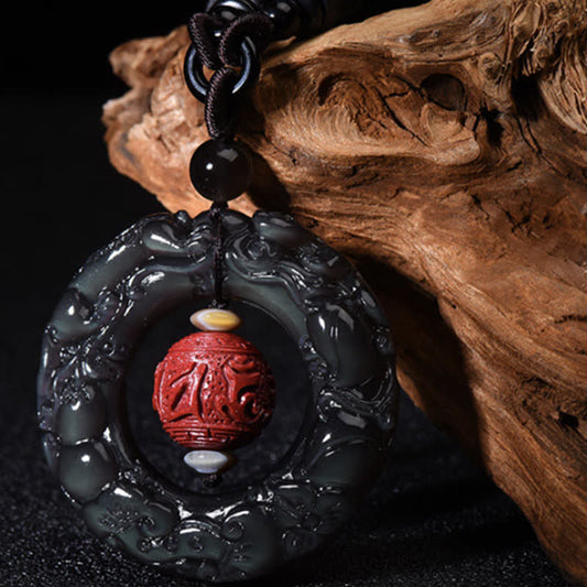 Wear FengShui FengShui Natural Rainbow Obsidian PiXiu Cinnabar Healing Necklace Pendant