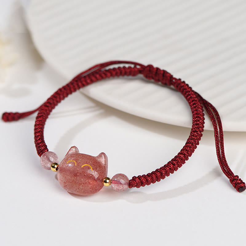 Wear FengShui Handmade Natural Silver Sheen Obsidian Strawberry Quartz Cute Cat Protection Braided Bracelet