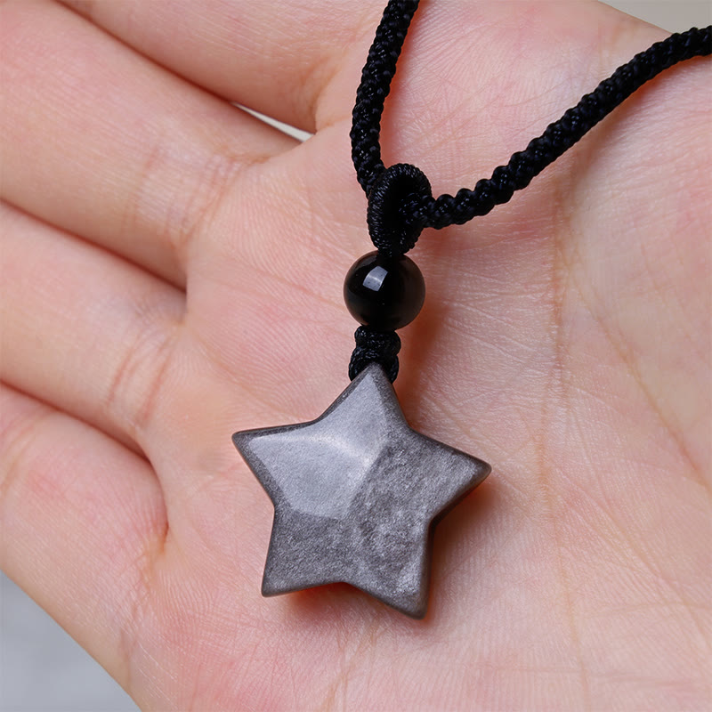 Wear FengShui Natural Silver Sheen Obsidian Star Crescent Moon Protection Necklace Pendant