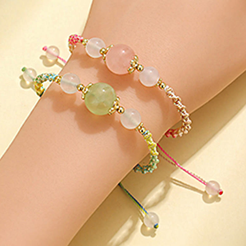 Wear FengShui Strawberry Quartz Pink Crystal Prehnite White Agate Bead Healing Rope Bracelet