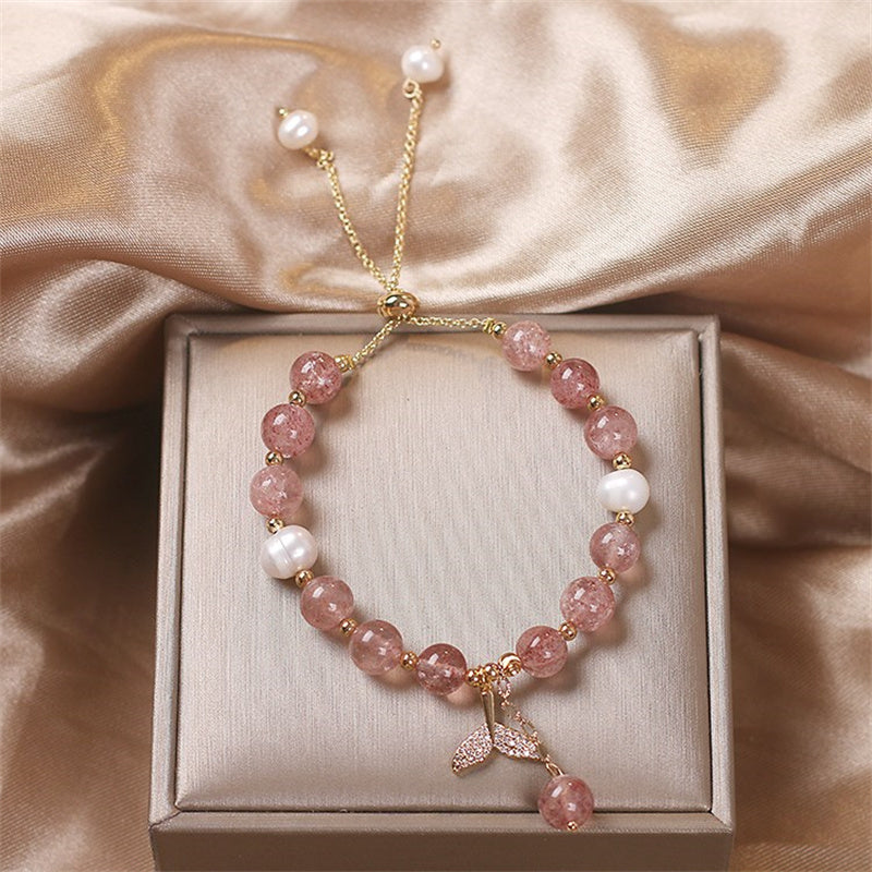 Wear FengShui Strawberry Quartz Rutilated Quartz Fishtail Charm Healing Bracelet