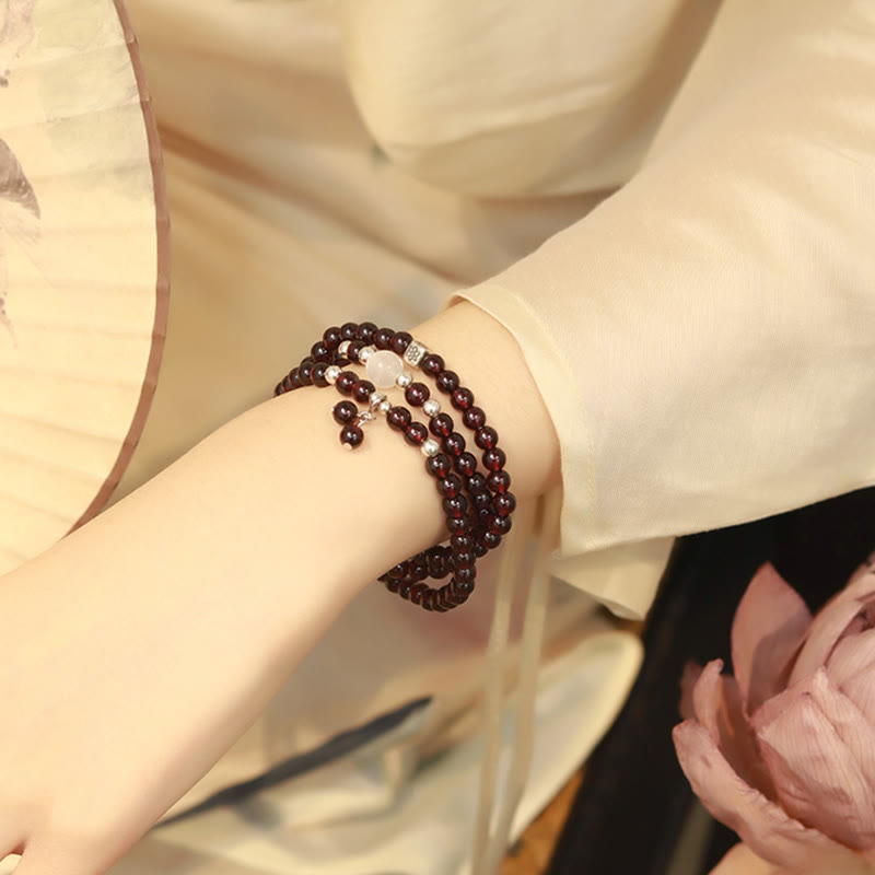 Wear FengShui 925 Sterling Silver Natural Garnet Cat Eye Protection Triple Wrap Bracelet