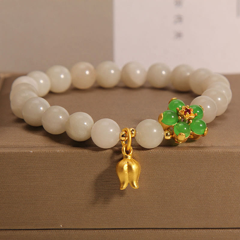 Wear FengShui Natural Jade Green Flower Lily Of The Valley Luck Bracelet