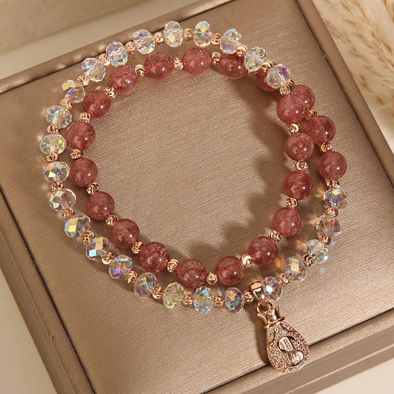 Wear FengShui Strawberry Quartz White Crystal Money Bag Charm Positive Bracelet