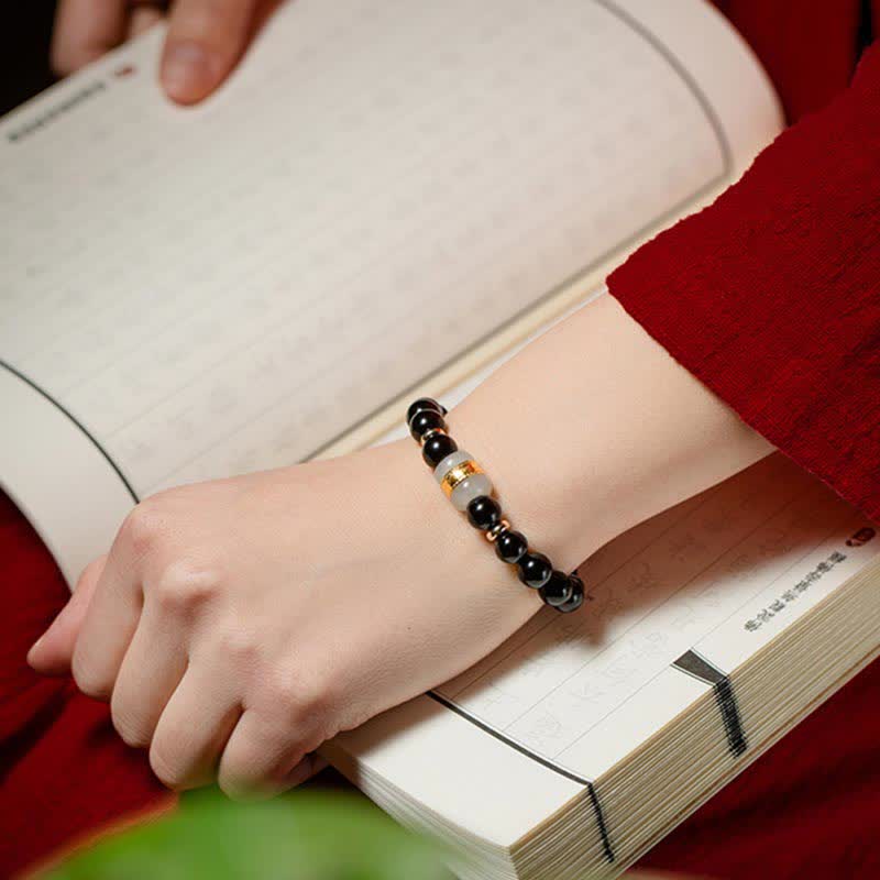 Wear FengShui Black Obsidian Jade Om Mani Padme Hum Strength Couple Magnetic Bracelet