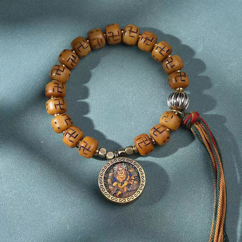 Wear FengShui Natural Tibetan Camel Bone Swastika Dzi Bead Shankha Buddha Charm Kirtimukha Luck Protection Tassel Bracelet