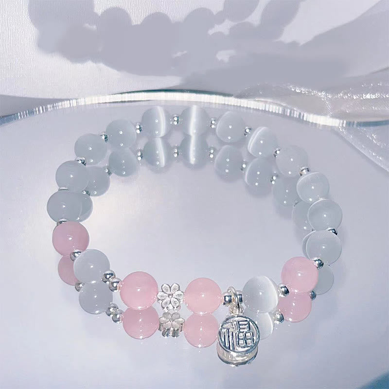 Wear FengShui Cat's Eye Crystal Peach Blossom Bell Fu Character Charm Support Bracelet