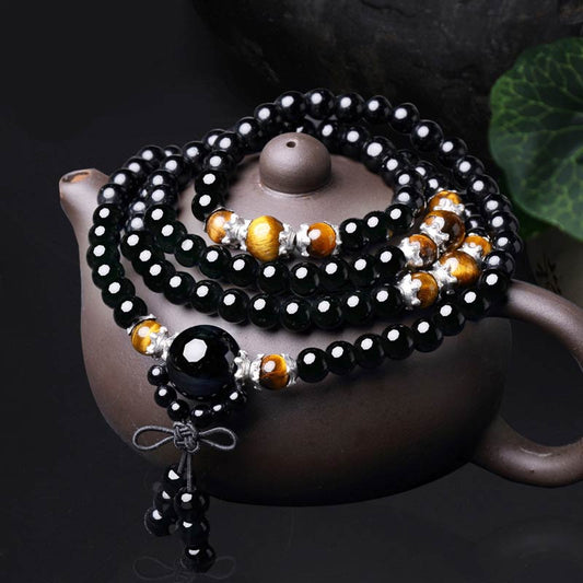Wear FengShui 108 Beads Natural Black Obsidian Tiger Eye Mala Bracelet