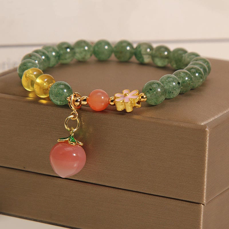 Wear FengShui Natural Green Strawberry Quartz Love Peach Charm Bracelet