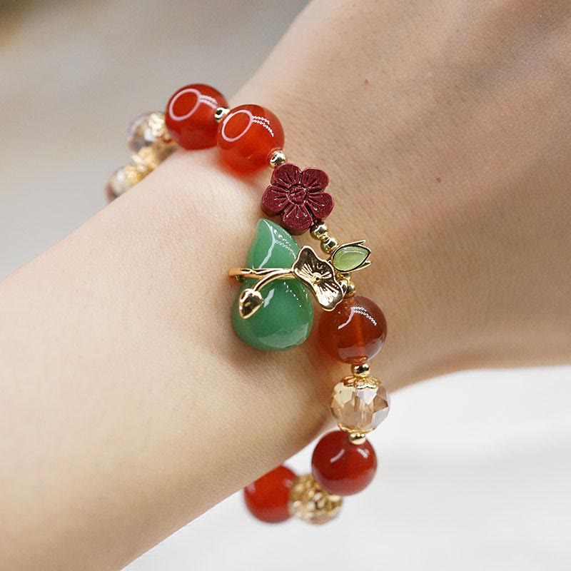 Wear FengShui Natural Red Agate Green Agate Gourd Cinnabar Flower Beads Confidence Bracelet