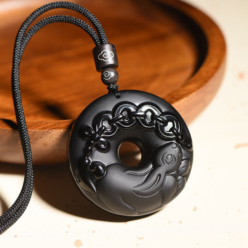 Wear FengShui Chinese Zodiac Natural Black Obsidian Peace Buckle Strength Necklace Pendant