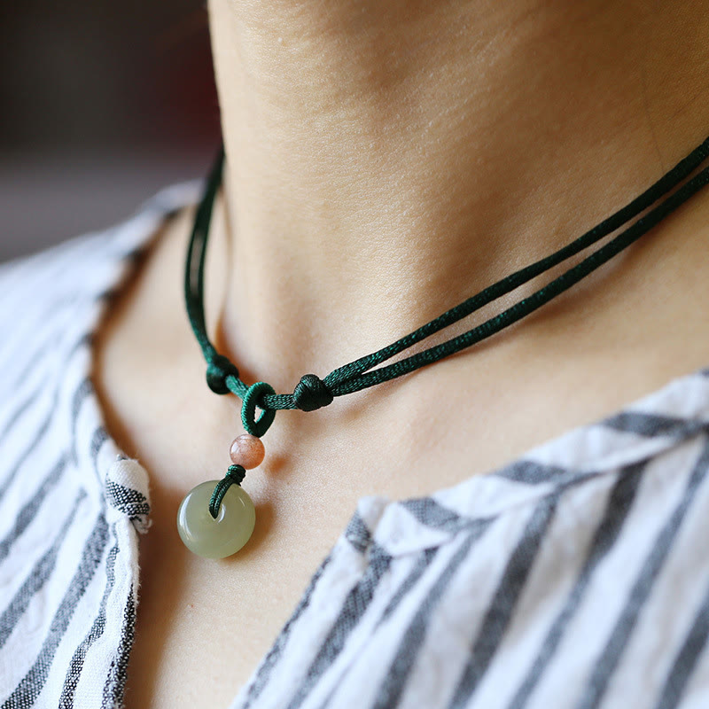 Wear FengShui Natural Round Jade Peace Buckle Lotus Abundance String Necklace Pendant