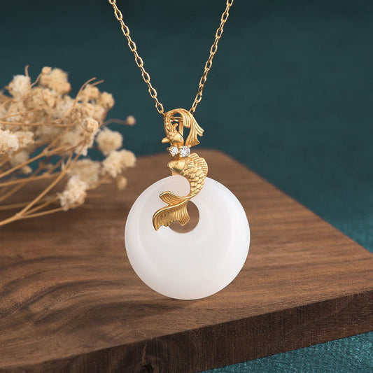 Wear FengShui White Jade Koi Fish Wealth Prosperity Necklace Pendant