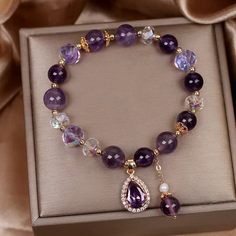 Wear FengShui Natural Amethyst Zircon Love Heart Healing Soul Charm Bracelet