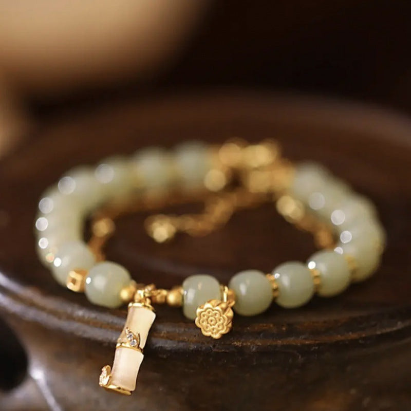 Wear FengShui Natural Hetian Jade Prosperity Lotus Bamboo Charm Bracelet