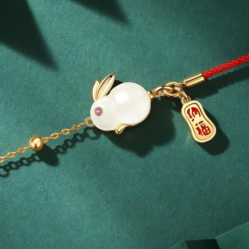 Wear FengShui Year of the Rabbit White Jade Happiness Red String Chain Bracelet