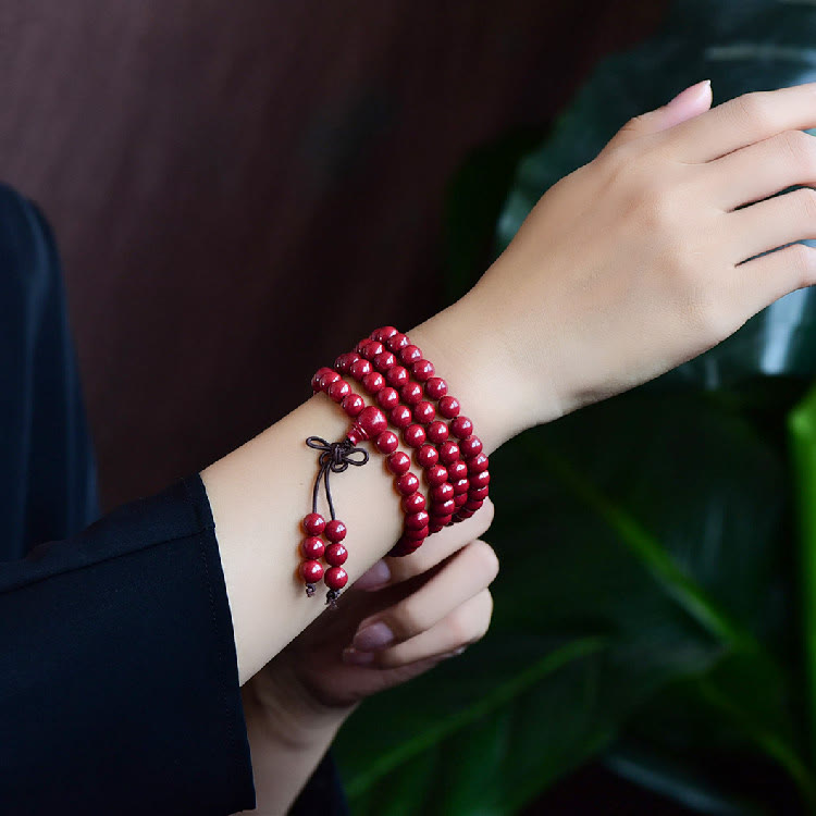 Wear FengShui 108 Mala Beads Cinnabar Om Mani Padme Hum Pattern Engraved Blessing Bracelet