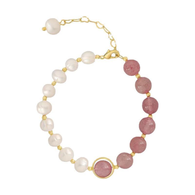 Wear FengShui Natural Strawberry Quartz Pearl Love Positive Chain Bracelet