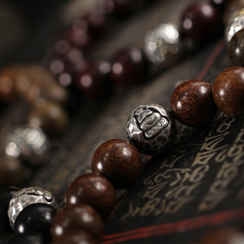 Wear FengShui 999 Sterling Silver Green Sandalwood Small Leaf Red Sandalwood Buddha Cure Bracelet