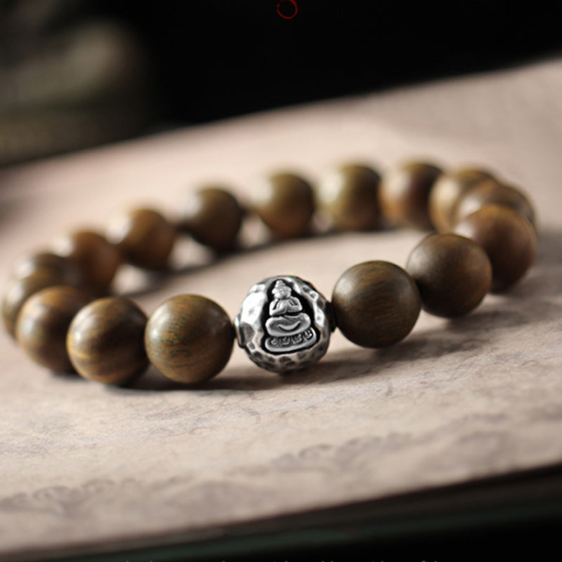 Wear FengShui 999 Sterling Silver Green Sandalwood Small Leaf Red Sandalwood Buddha Cure Bracelet