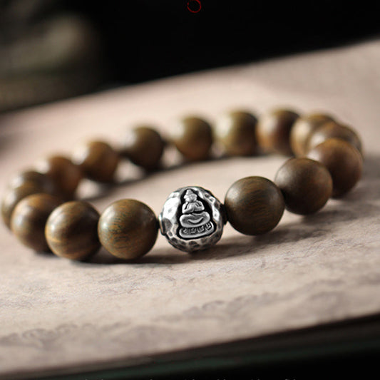 Wear FengShui 999 Sterling Silver Green Sandalwood Small Leaf Red Sandalwood Buddha Cure Bracelet