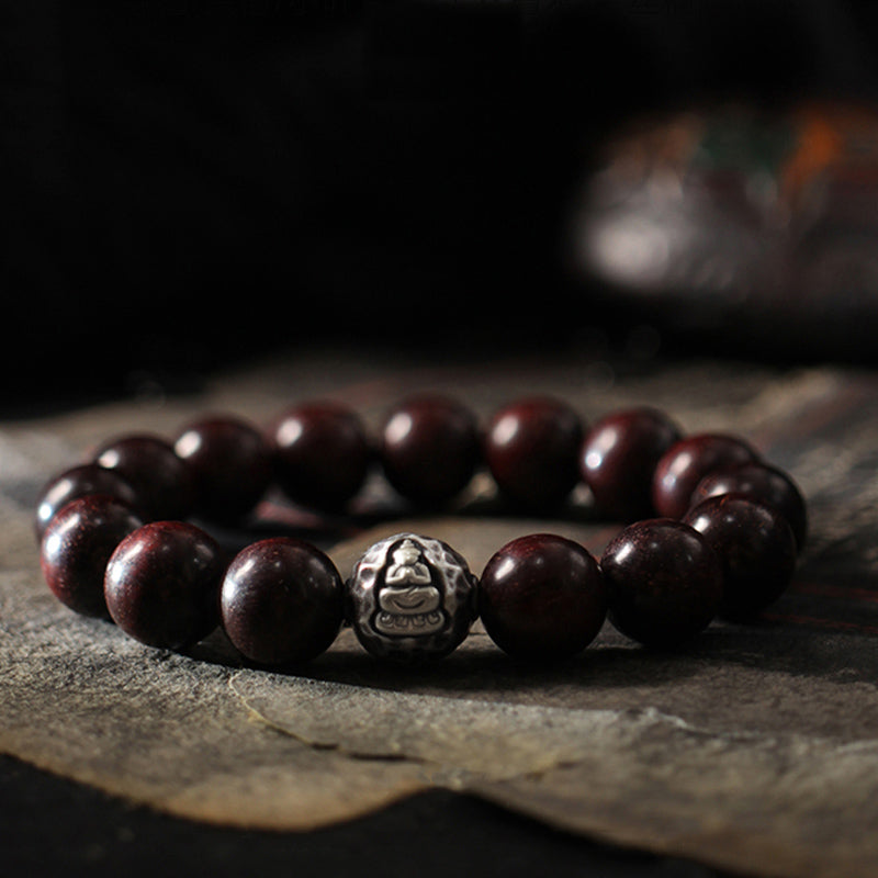 Wear FengShui 999 Sterling Silver Green Sandalwood Small Leaf Red Sandalwood Buddha Cure Bracelet