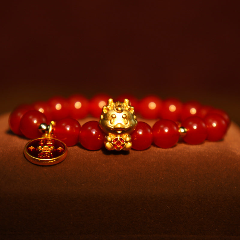 Wear FengShui Year of the Dragon Natural Red Agate Copper Coin Attract Fortune Bracelet