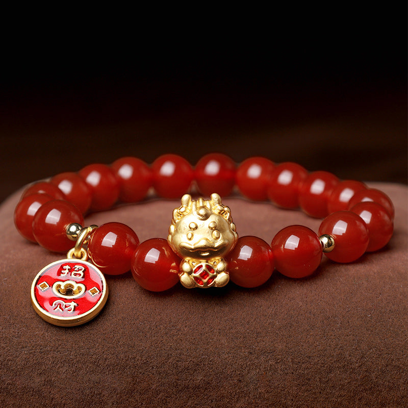 Wear FengShui Year of the Dragon Natural Red Agate Copper Coin Attract Fortune Bracelet