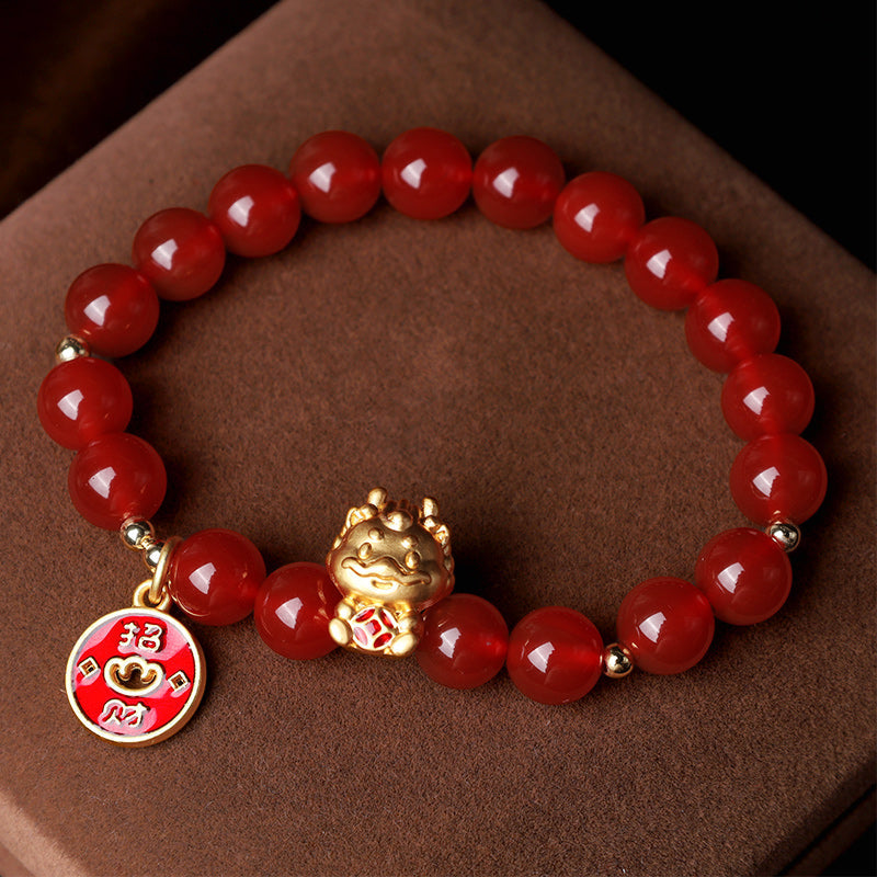 Wear FengShui Year of the Dragon Natural Red Agate Copper Coin Attract Fortune Bracelet