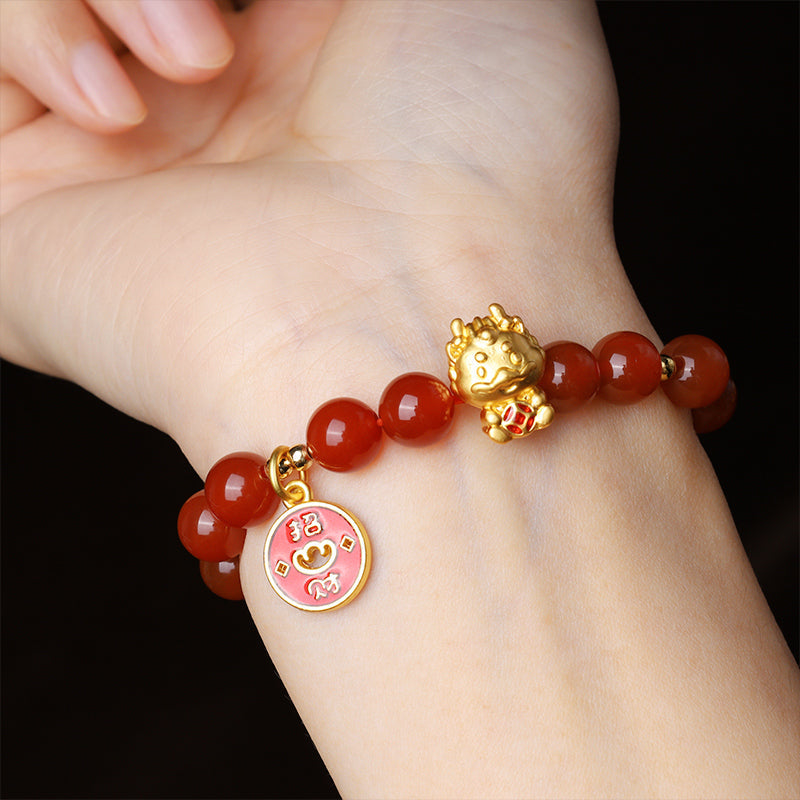 Wear FengShui Year of the Dragon Natural Red Agate Copper Coin Attract Fortune Bracelet