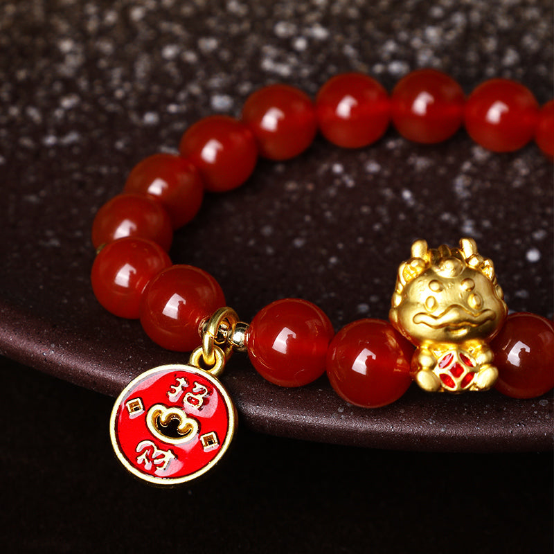 Wear FengShui Year of the Dragon Natural Red Agate Copper Coin Attract Fortune Bracelet