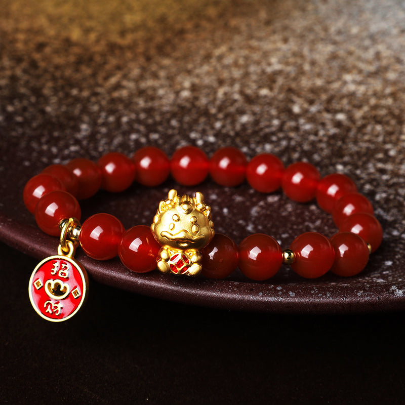 Wear FengShui Year of the Dragon Natural Red Agate Copper Coin Attract Fortune Bracelet