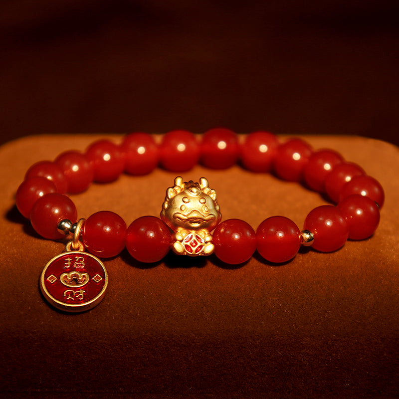 Wear FengShui Year of the Dragon Natural Red Agate Copper Coin Attract Fortune Bracelet