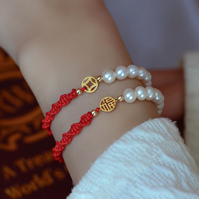 Wear FengShui 14K Gold Plated Pearl Bead Luck Protection Braid Red String Bracelet
