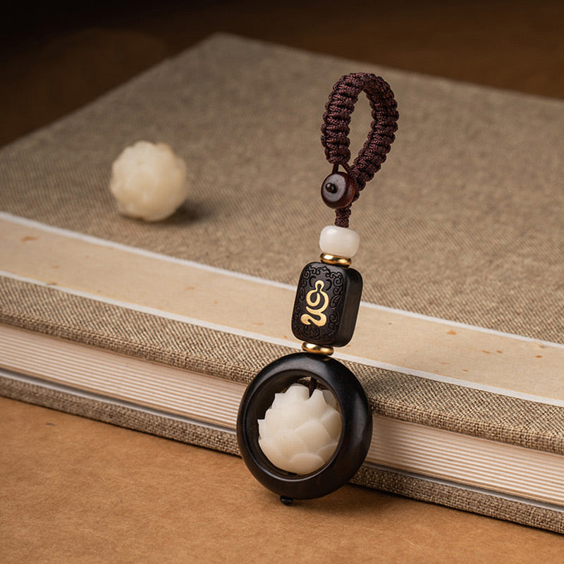 Wear FengShui Ebony Wood Bodhi Seed Lotus Enlightenment Key Chain Decoration