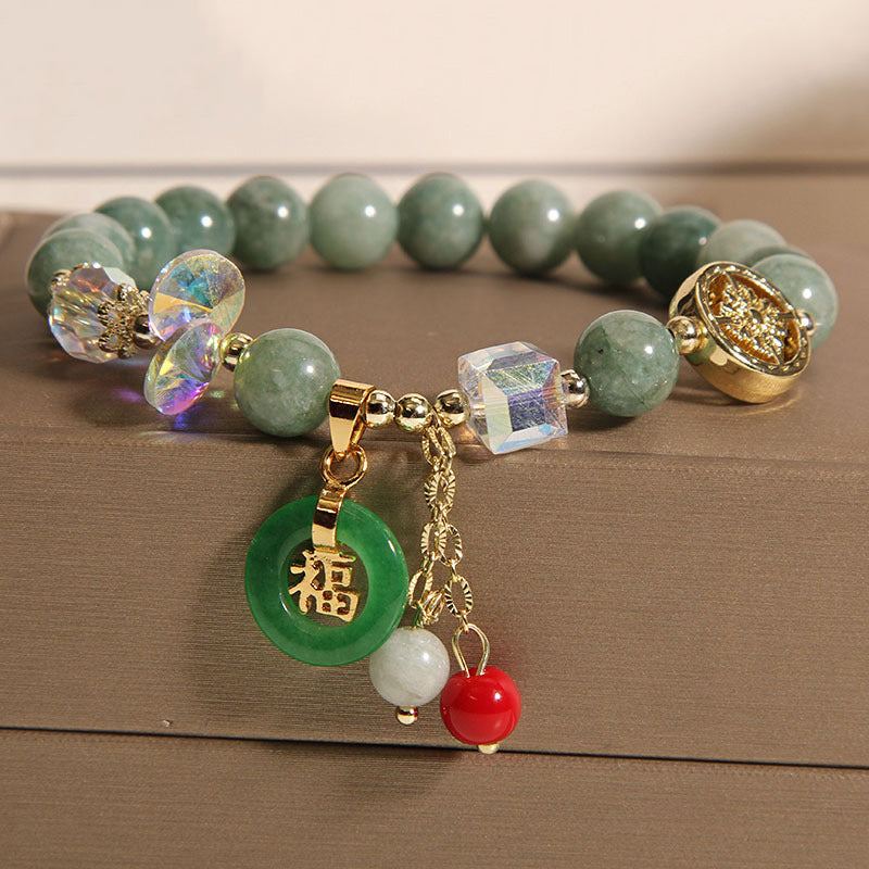 Wear FengShui Strawberry Quartz Jade Fu Character Charm Healing Bracelet