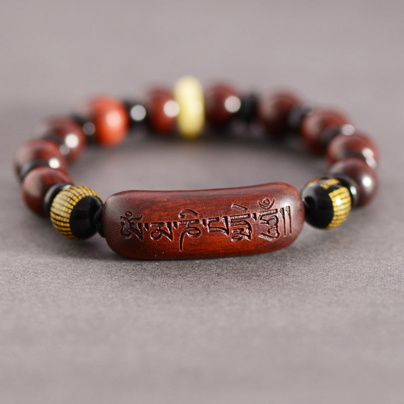 Wear FengShui Small Leaf Red Sandalwood Om Mani Padme Hum Engraved Protection Bracelet