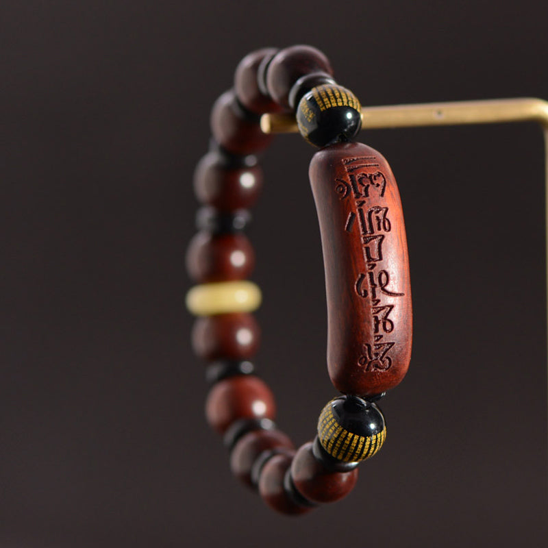 Wear FengShui Small Leaf Red Sandalwood Om Mani Padme Hum Engraved Protection Bracelet