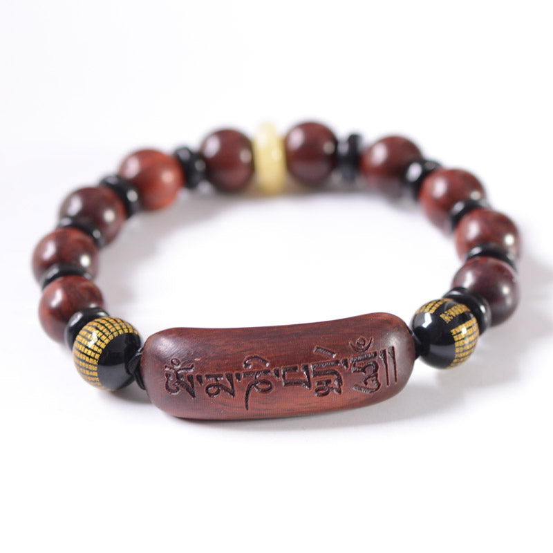 Wear FengShui Small Leaf Red Sandalwood Om Mani Padme Hum Engraved Protection Bracelet