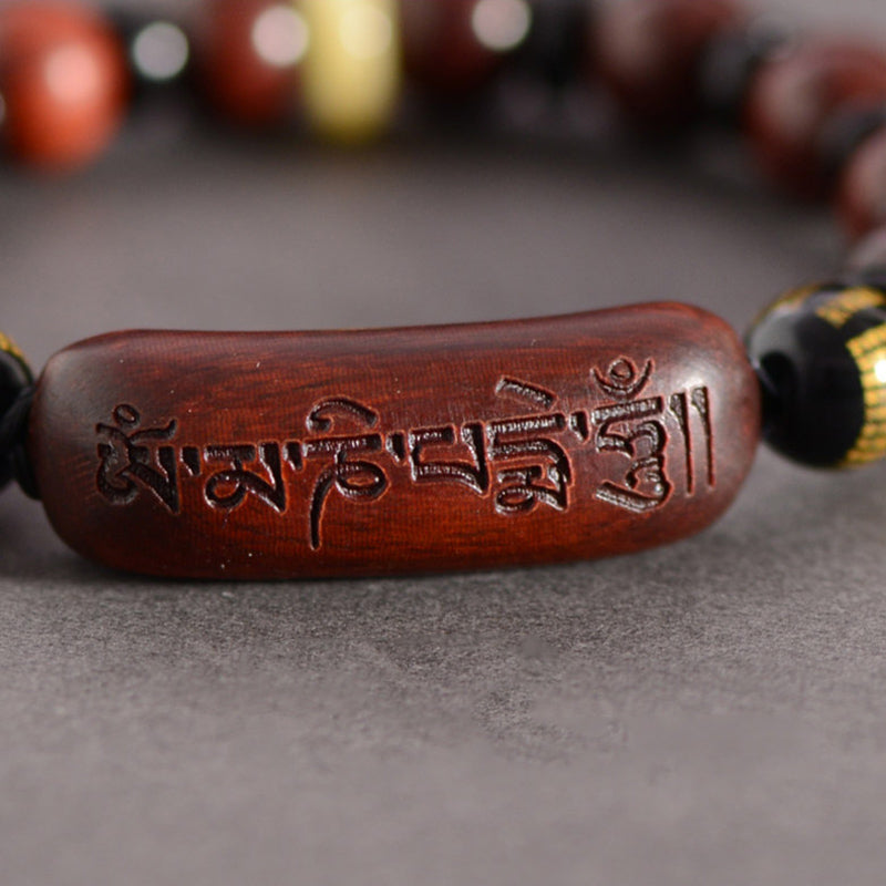 Wear FengShui Small Leaf Red Sandalwood Om Mani Padme Hum Engraved Protection Bracelet