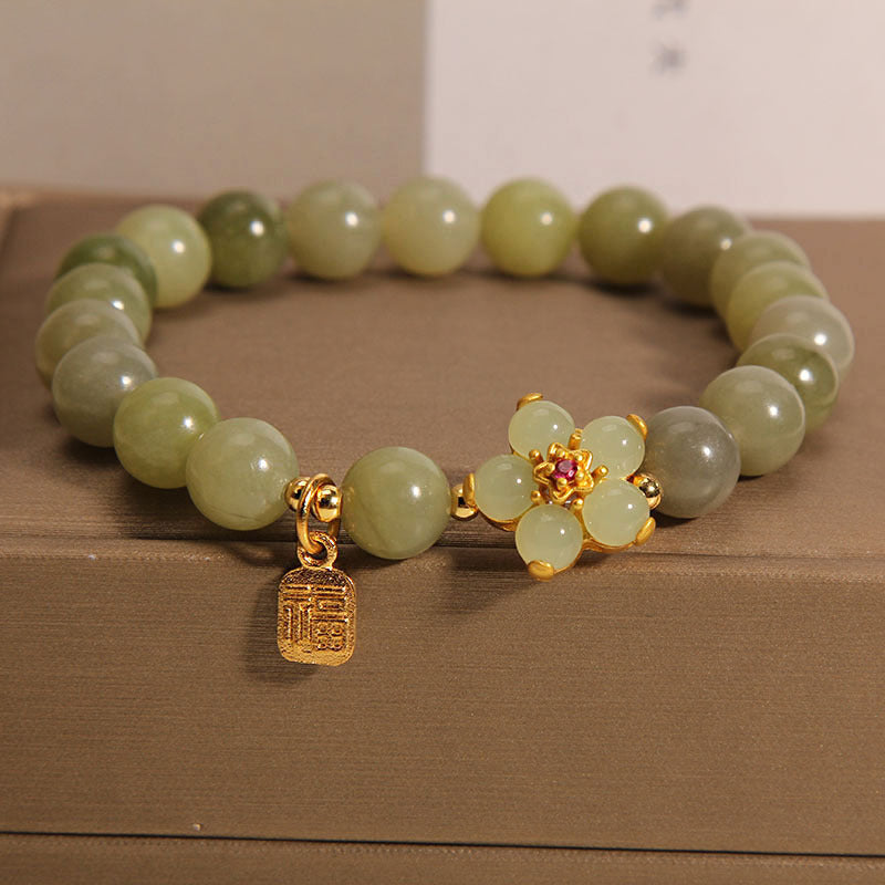 Wear FengShui Green Jade Flower Fu Character Charm Luck Bracelet