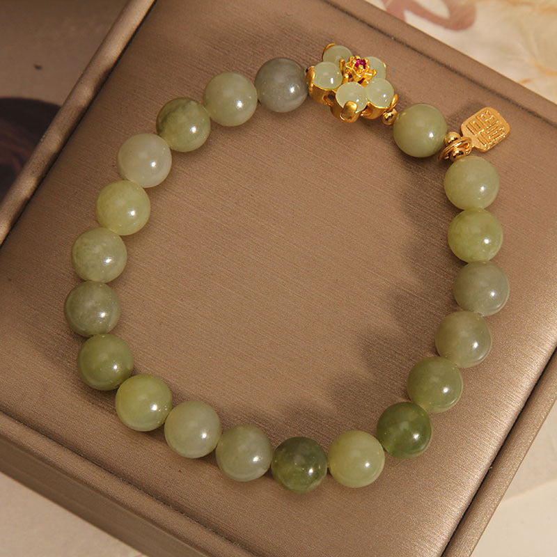 Wear FengShui Green Jade Flower Fu Character Charm Luck Bracelet