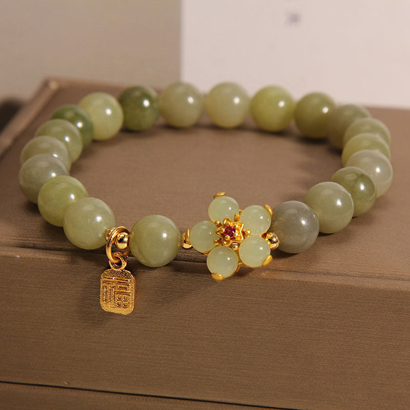 Wear FengShui Green Jade Flower Fu Character Charm Luck Bracelet