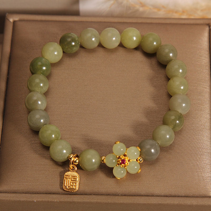 Wear FengShui Green Jade Flower Fu Character Charm Luck Bracelet