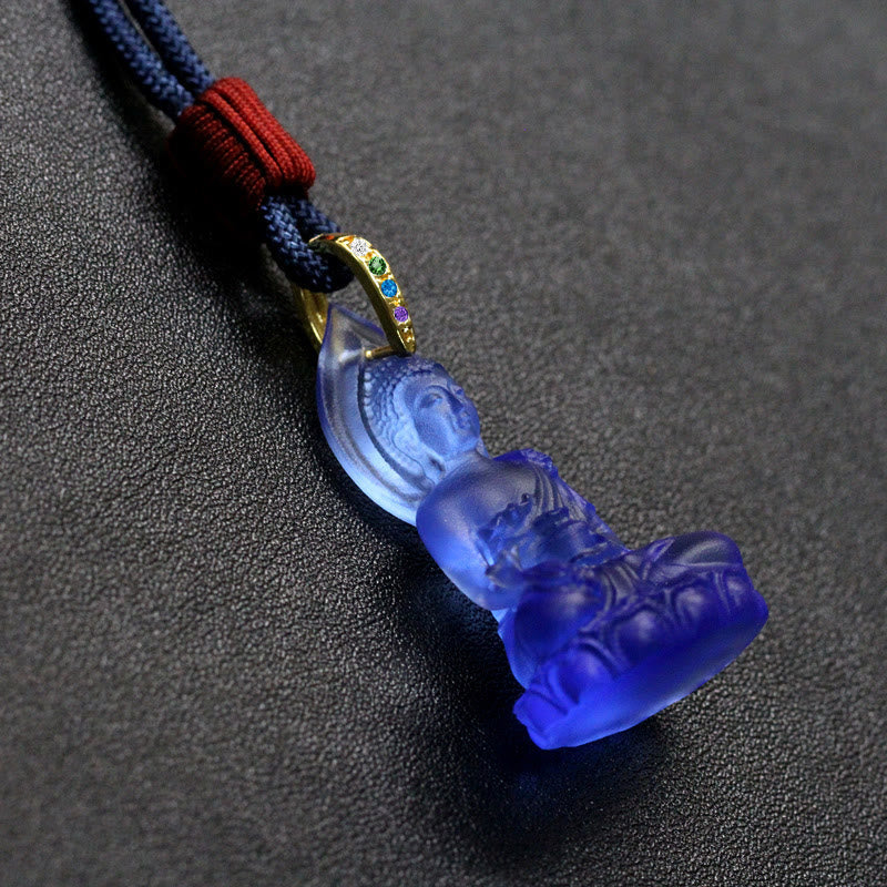 Wear FengShui Blue Tathagata Buddha Medicine Buddha Liuli Crystal Serenity Amulet Necklace Pendant