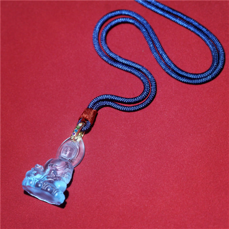 Wear FengShui Blue Tathagata Buddha Medicine Buddha Liuli Crystal Serenity Amulet Necklace Pendant