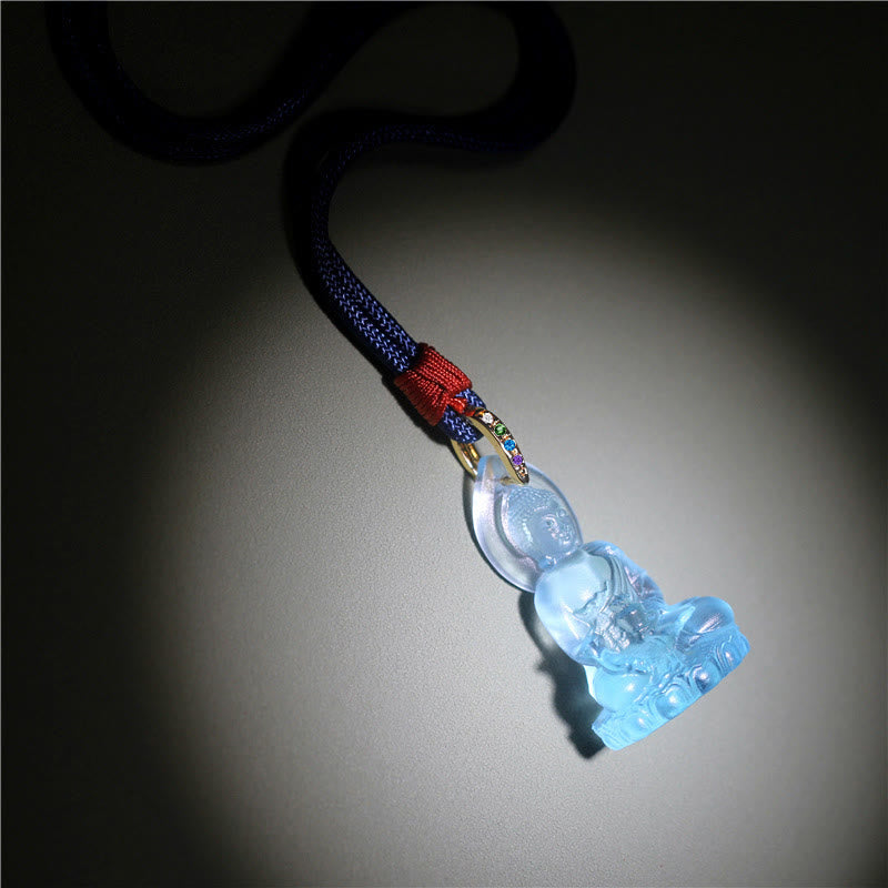 Wear FengShui Blue Tathagata Buddha Medicine Buddha Liuli Crystal Serenity Amulet Necklace Pendant