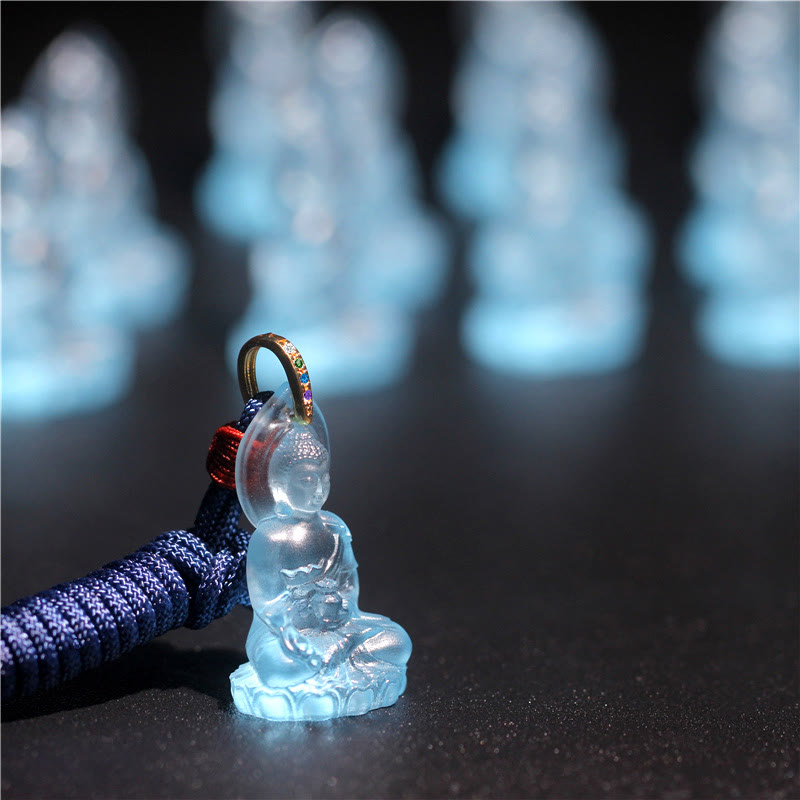 Wear FengShui Blue Tathagata Buddha Medicine Buddha Liuli Crystal Serenity Amulet Necklace Pendant
